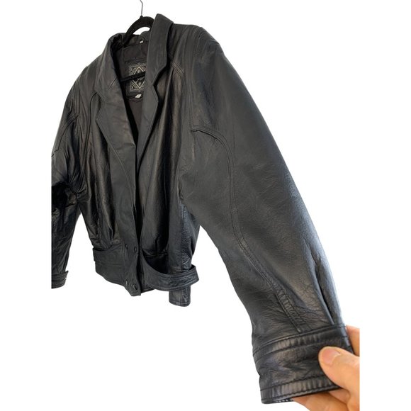 80s VTG Suzies Black Moto Leather Jacket Large Dolman Snap Crop Insulated 6729 - Picture 3 of 16